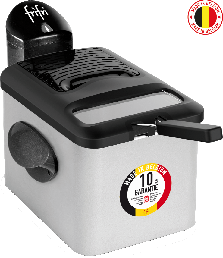 Friteuse argentée et noire avec couvercle noir. Autocollant 'Made in Belgium' et logo de la marque visibles.