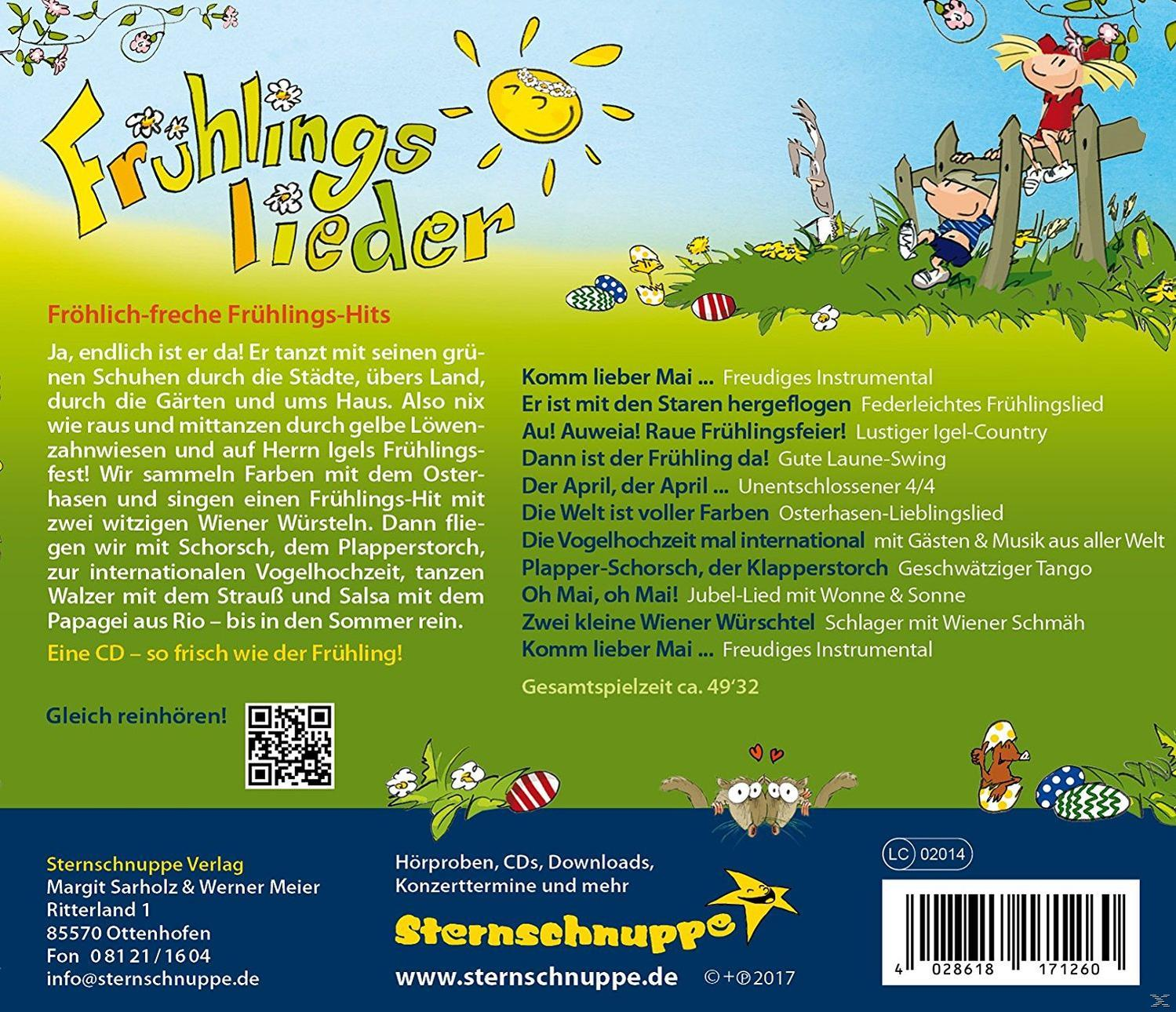 Albumcover mit Text und Cartoonfiguren. Titel: Frühlinglieder. Bunte, frühlingshafte Illustrationen. Hintergrund: blauer Himmel, Gras und Blumen.