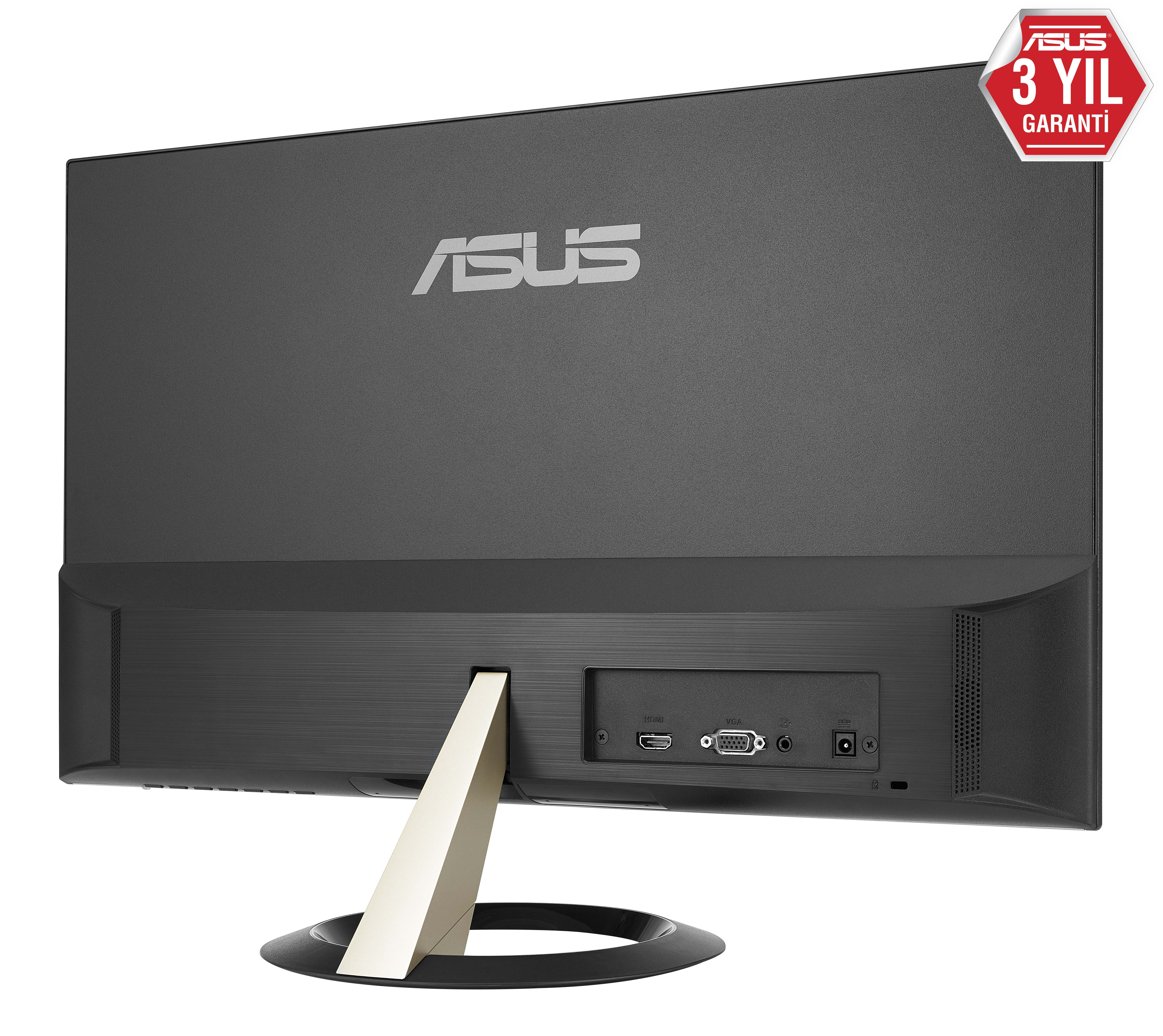 ASUS monitör arka görünümü, siyah ve altın tasarım, bağlantı noktaları ve garanti etiketiyle.