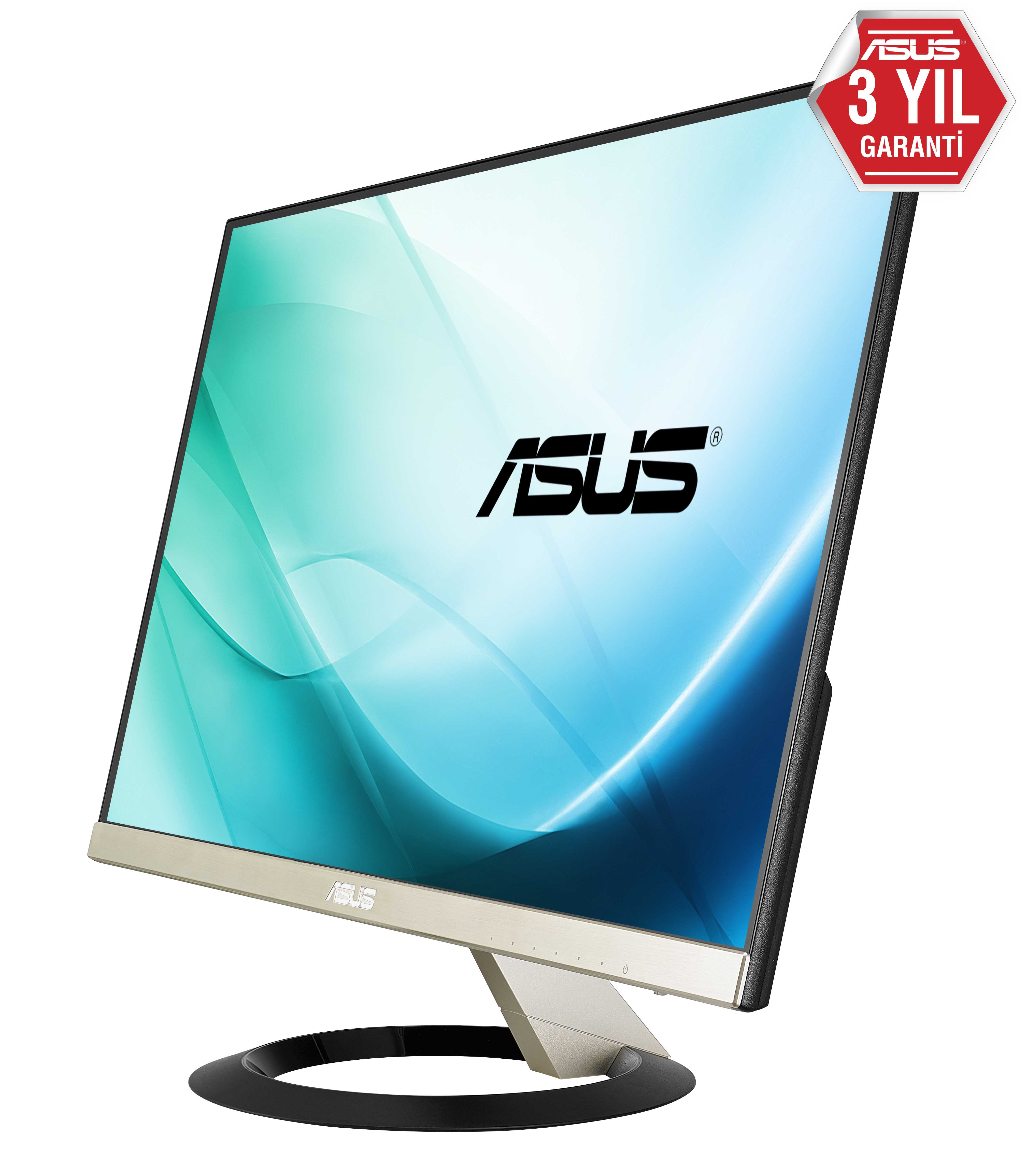 Modern bir masaüstü bilgisayar monitörü. Ekran, açık mavi ve beyaz soyut bir tasarım görüntülüyor.