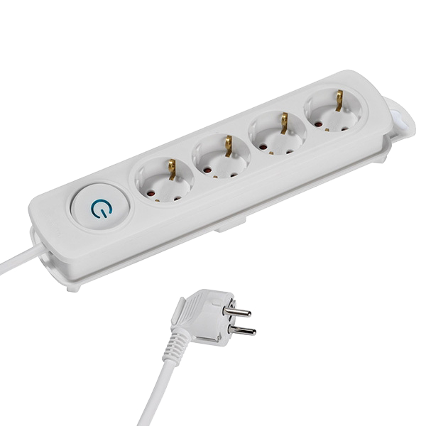 Eine weiße Steckdosenleiste mit vier Steckdosen und einem Stecker.
