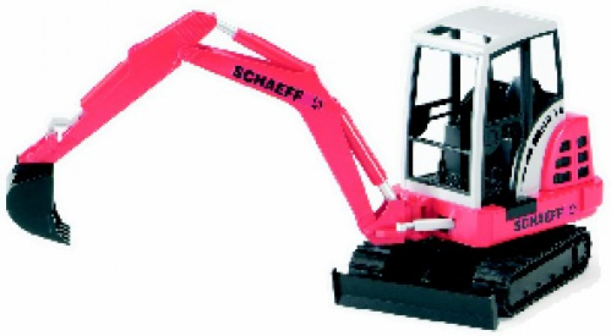 Ein roter und schwarzer Spielzeugbagger auf weißem Hintergrund. Es hat einen Grabarm.
