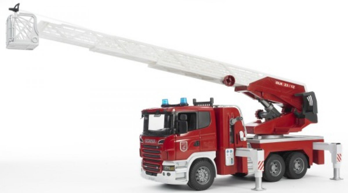 Mehrfarbig Scania Licht Feuerwehrleiterwagen und m. BRUDER Funktion Module plus Zubehör Sound