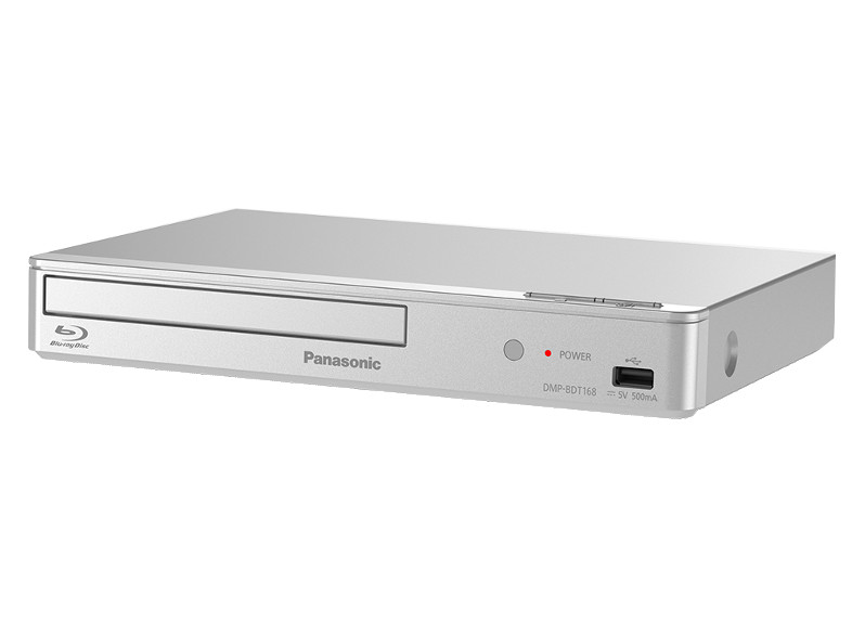 Ezüst Panasonic Blu-ray lejátszó, bekapcsolás és USB jelzőkkel.