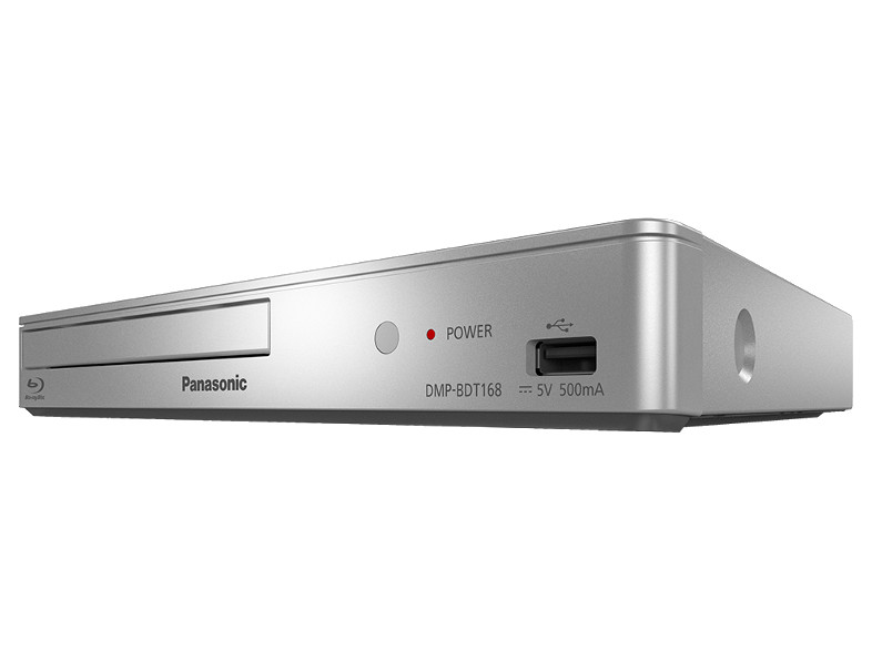 Ezüst Panasonic Blu-ray lejátszó, bekapcsolásjelzővel és USB-vel.