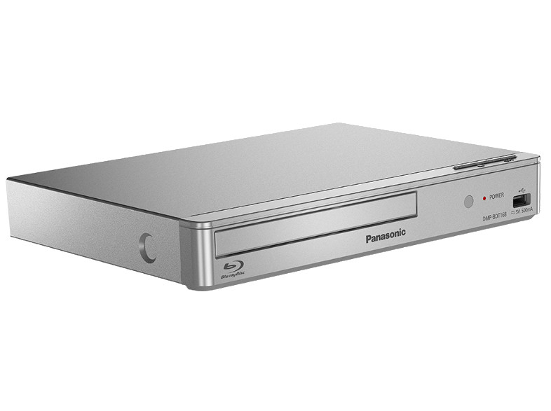 Ezüst Panasonic Blu-ray lejátszó. A lemeztálca kissé nyitva van, láthatók a táp- és USB-portok.