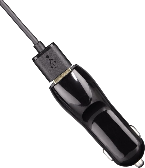 Fekete autós töltő USB csatlakozóval. Kábel köti össze a töltő testével.