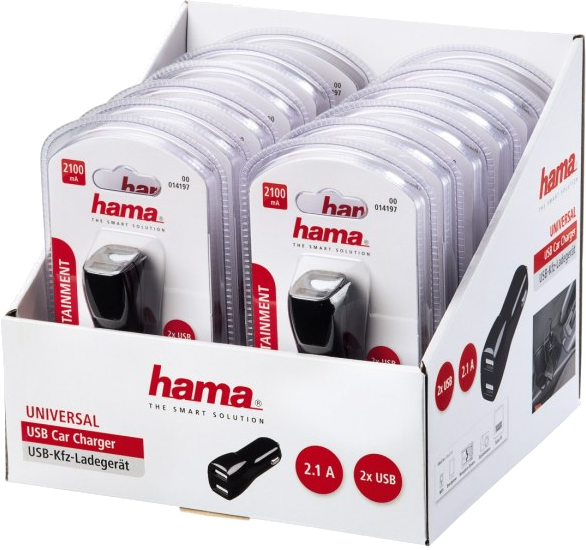 Hama USB autós töltők bemutató doboza. Minden töltő fekete, műanyagba csomagolva, 2,1 A kimenettel.