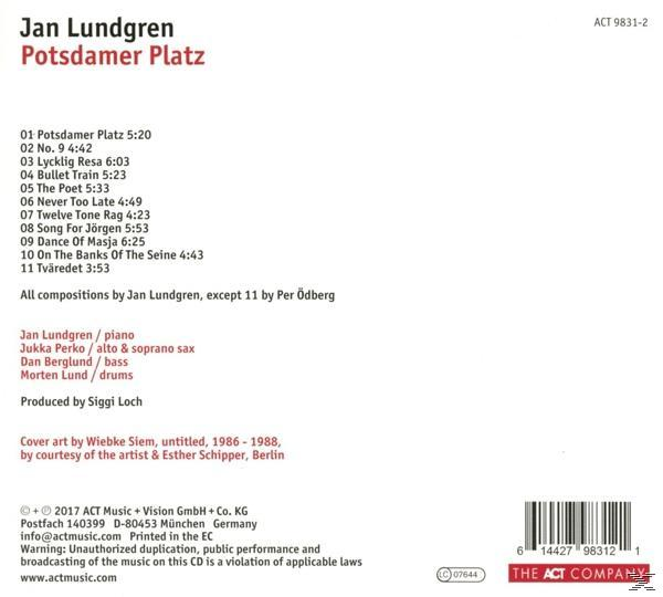 CD-Rückseite, Jan Lundgren, Potsdammer Platz. Titelliste und Credits auf weißem Hintergrund. Barcode unten.