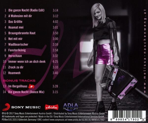 CD-Cover mit einer Frau, die ein Akkordeon hält. Text und Titelliste sind sichtbar. Pinkes und schwarzes Farbschema.