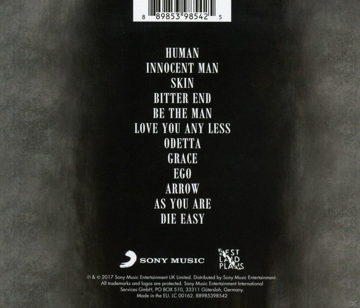 Rückseite einer CD mit Titelliste und Logos. Zu den Titeln gehören "Human", "Innocent Man" und "Skin".