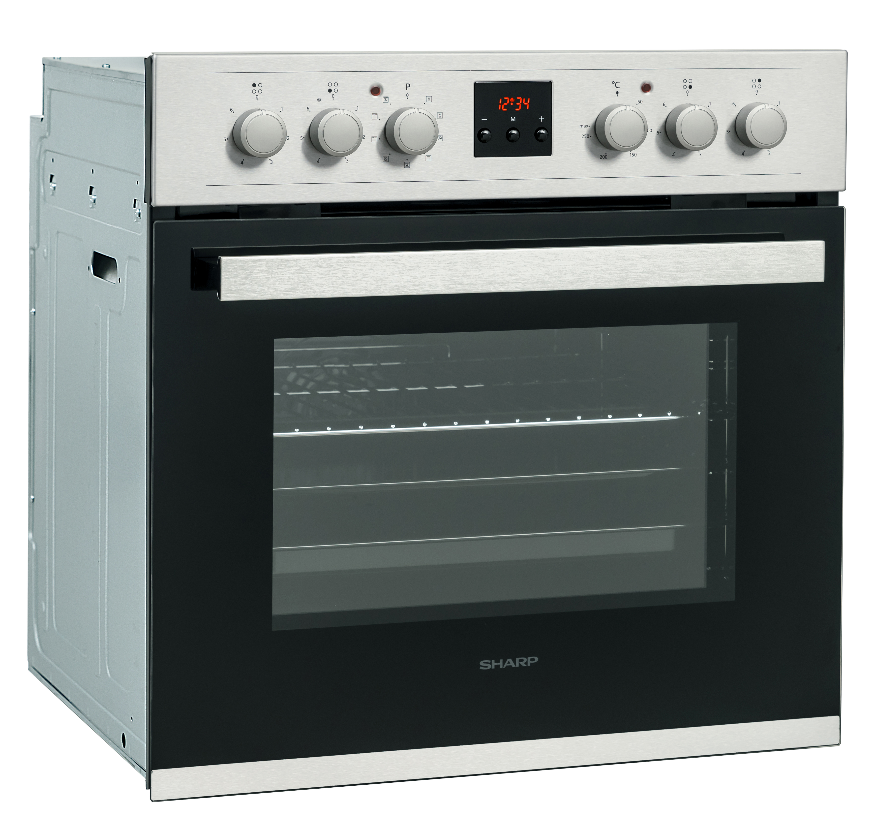 Edelstahl Sharp Backofen mit Bedienelementen und schwarzer Glastür.