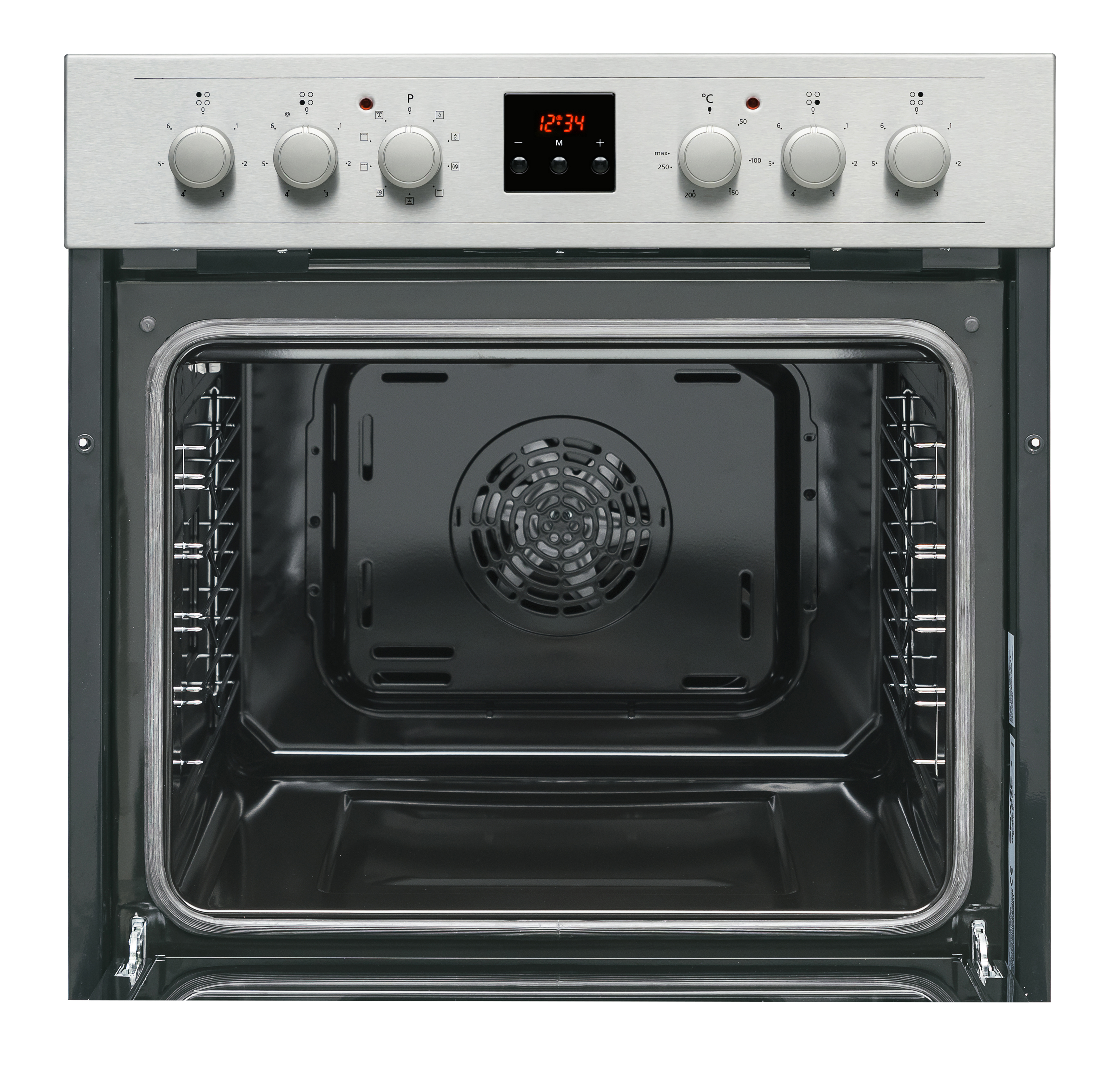 Backofen-Innenraum mit offener Tür. Knöpfe und ein Display befinden sich oben.
