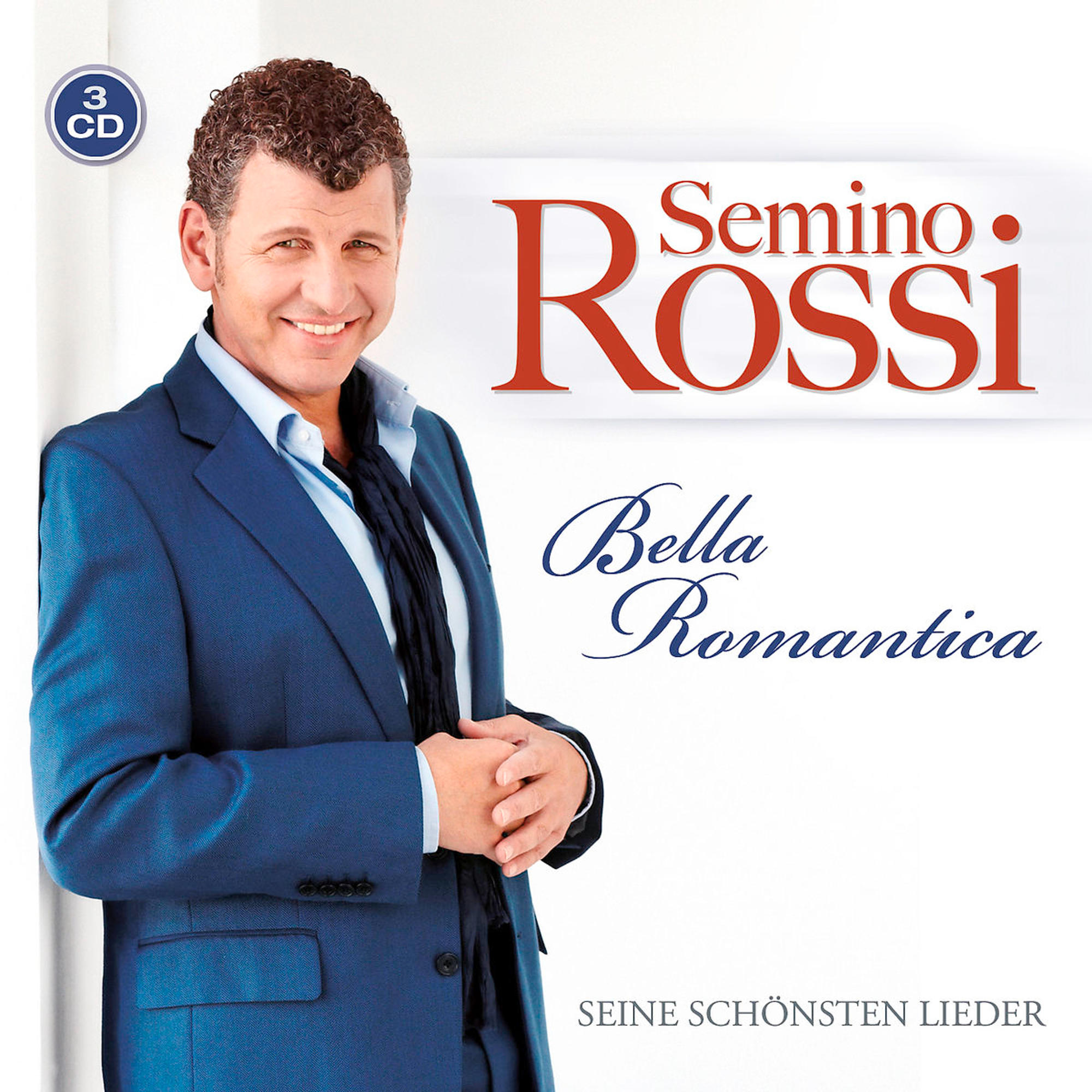 Pochette d'album, Semino Rossi en costume bleu souriant, texte 'Bella Romantica'.