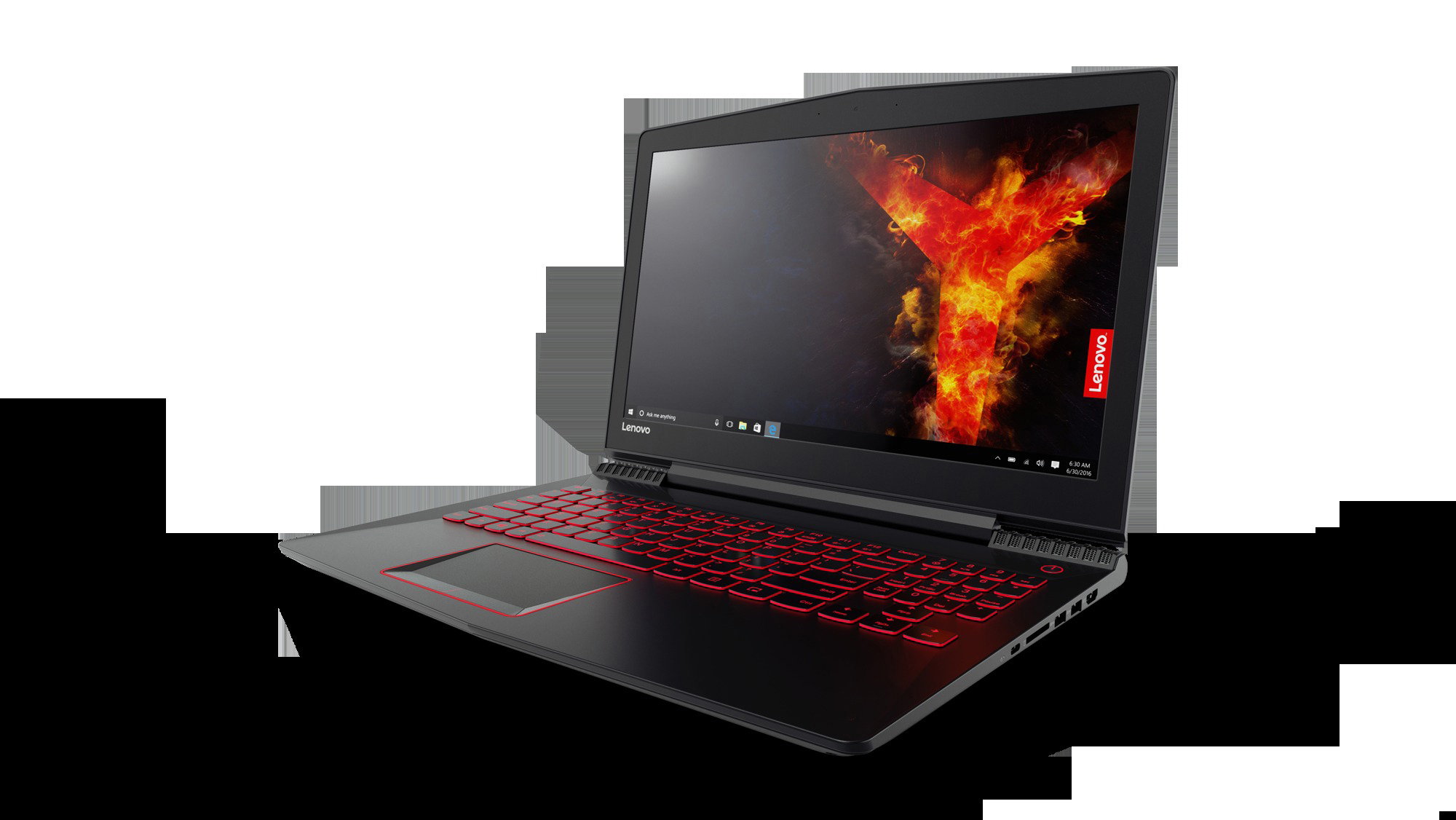 Schwarzer Lenovo Laptop mit roter Tastatur. Der Bildschirm zeigt eine rot-gelbe Grafik.