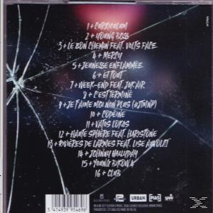 CD-achterkant met tracklist, tekst in wit en een gebarsten glaseffect.