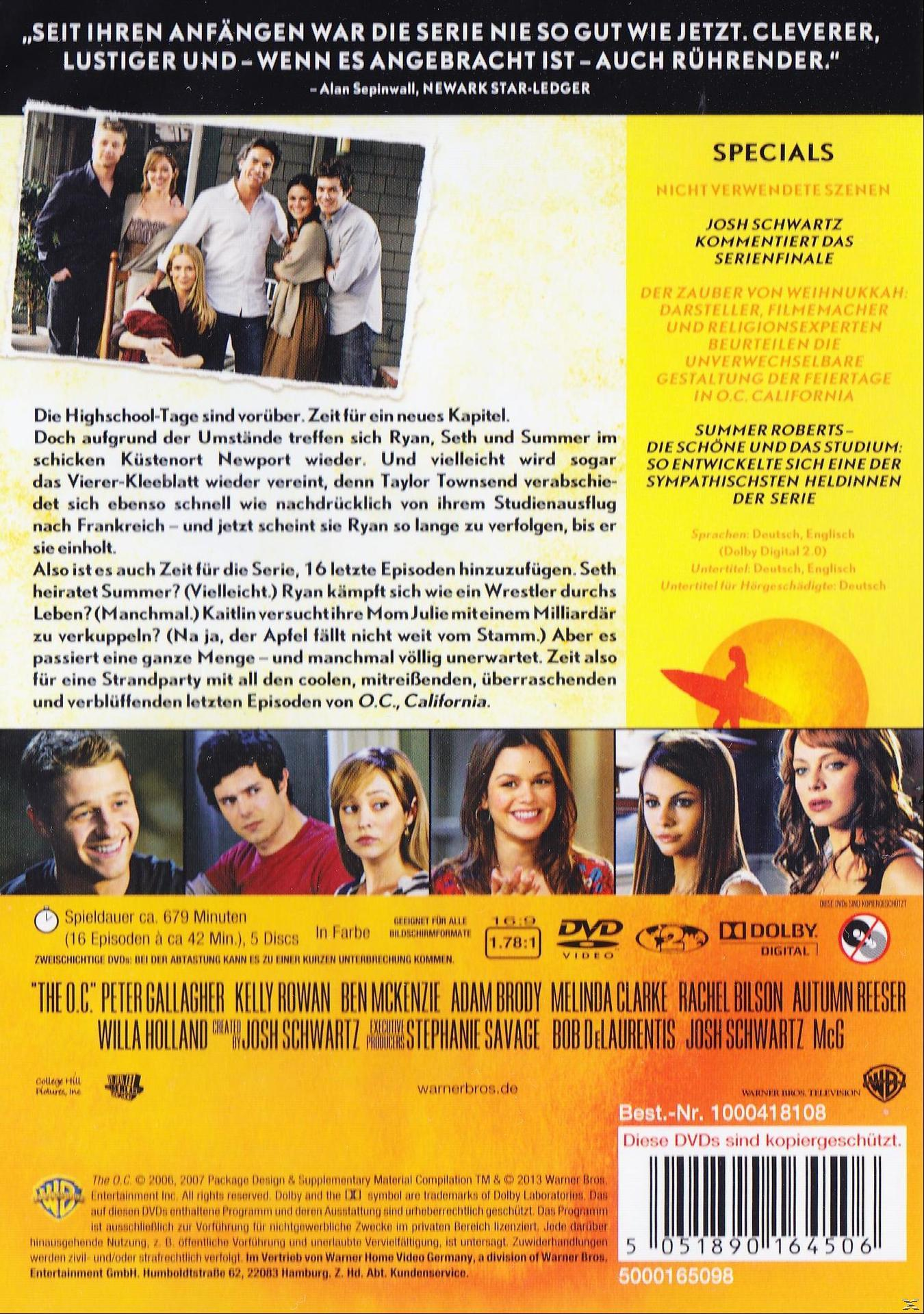 The O.C. DVD-Rückseite mit Fotos der Schauspieler und Text. Weißer Hintergrund.