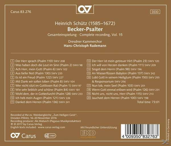CD-Cover mit deutschem Text. Es listet Lieder und Credits für eine Aufnahme von Heinrich Schütz' Werk.