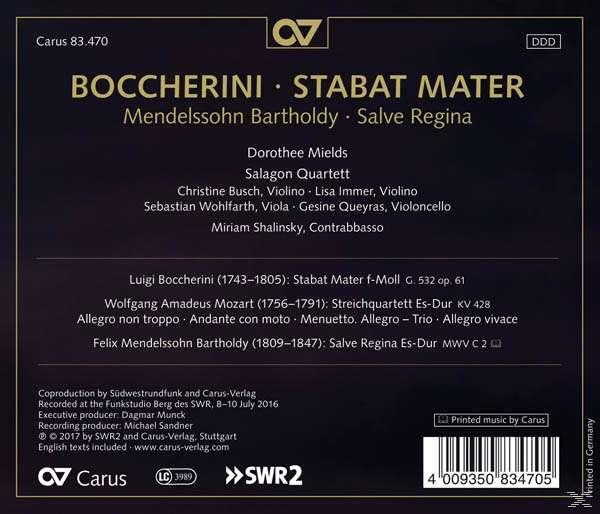 CD-Cover mit Text über Boccherini und Mendelssohn, Namen und Text in Weiß auf dunklem Hintergrund.