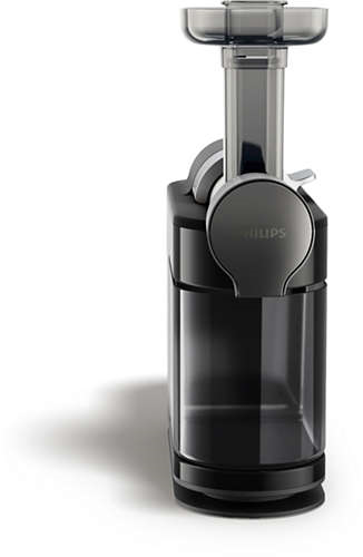 Black and gray Philips juicer. Vertical design, with a handle and container, on a white background.
