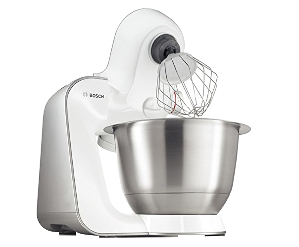 Egy fehér és ezüst Bosch konyhai mixer tálal és habverővel.