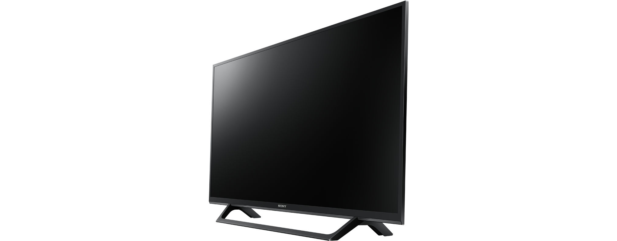Ein großer, schwarzer Sony-Fernseher, nach links geneigt. Der Bildschirm ist dunkel, der Ständer sichtbar.