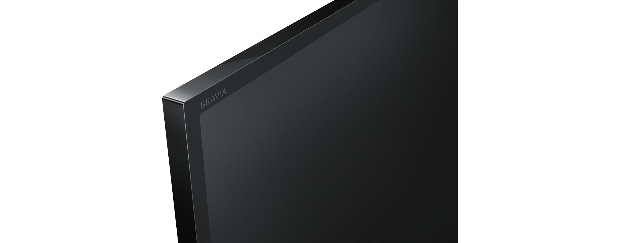 Nahaufnahme einer schwarzen TV-Ecke mit 'Bravia'-Schriftzug. Die Oberfläche ist glänzend. Der Hintergrund ist weiß.
