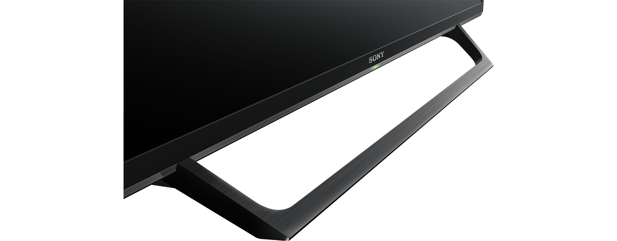 TV-Ständer mit dem Sony-Logo und einem grünen Licht. Der Ständer ist schwarz und hat ein modernes Design.