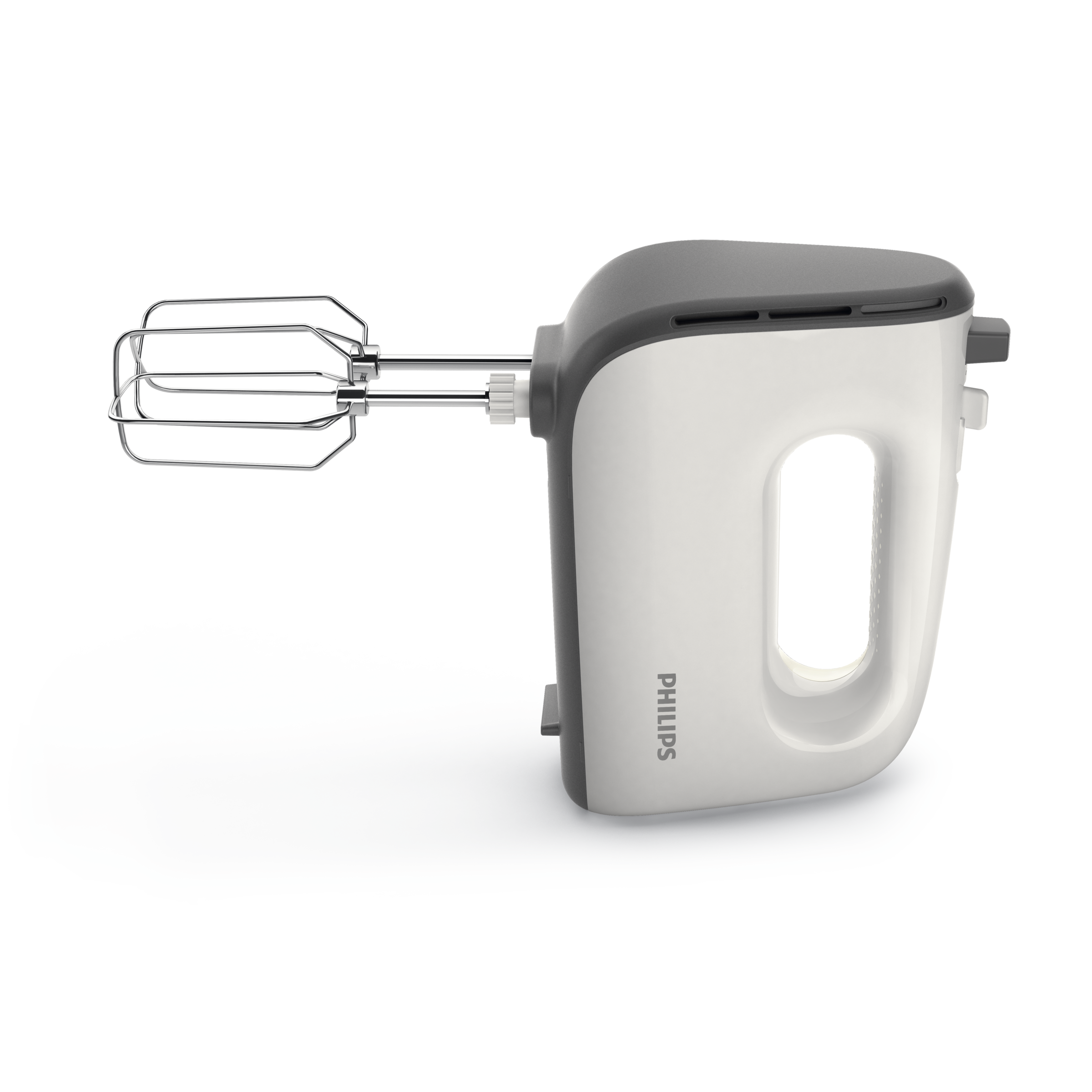 Witte en grijze Philips handmixer, zilveren gardes, witte achtergrond, zijaanzicht.