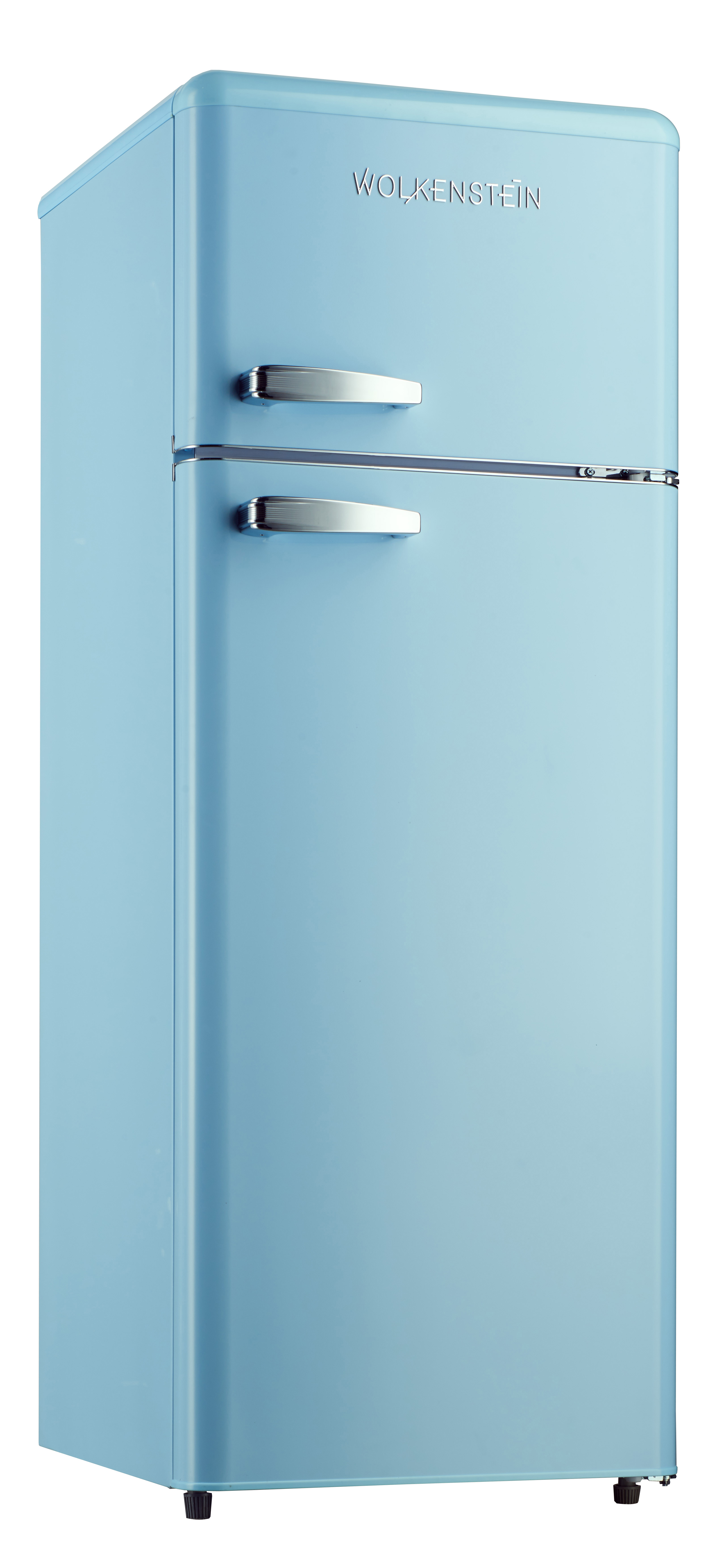 Ein hellblauer Retro-Kühlschrank mit zwei Chromgriffen. Der Markenname 'Wolkenstein' ist oben sichtbar.