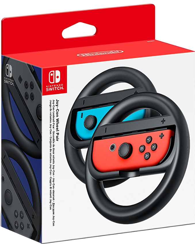 Nintendo Switch Joy-Con-Radpaar in einer Box. Ein rotes und ein blaues Rad.