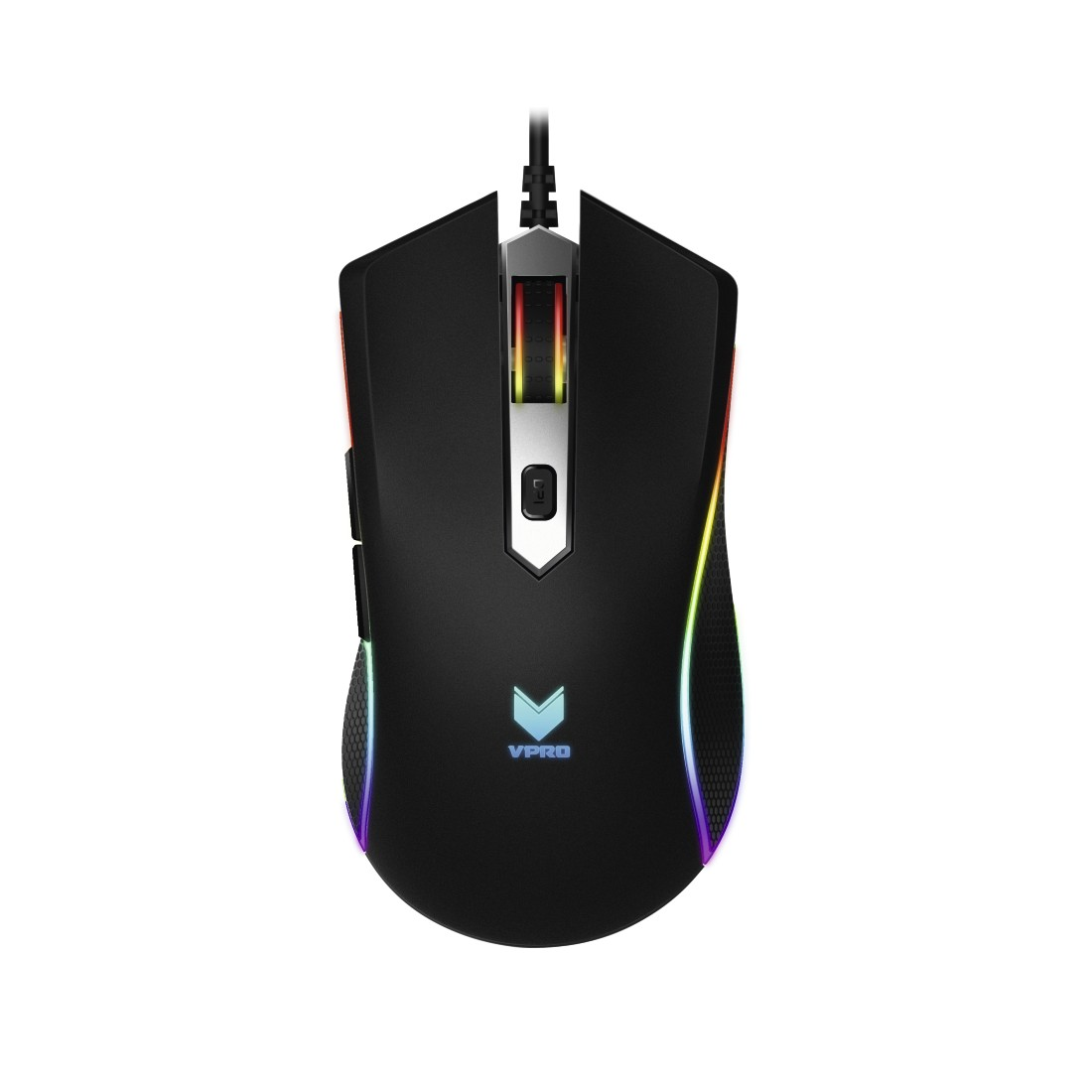 Schwarze Gaming-Maus mit RGB-Beleuchtung. Sie hat ein Scrollrad, Seitentasten und ein VPRO-Logo auf der Unterseite.