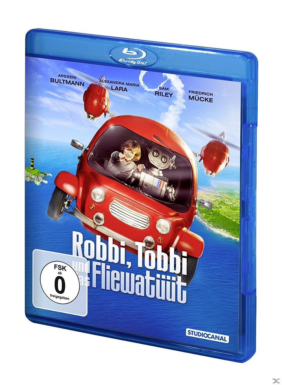 Blu-ray-Disc-Cover für den Film "Robbi, Tobbi und das Fliewatüüt". Cartoon-Auto am Himmel.