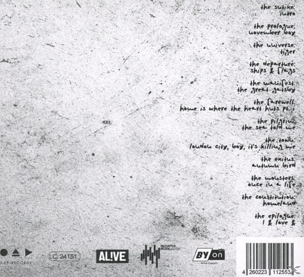 Albumrückseite mit Titelliste und Text auf strukturiertem, grauem Hintergrund.