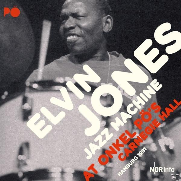 Albumcover mit Elvin Jones an einem Schlagzeug mit Textüberlagerung. Das Bild ist in Schwarzweiß.