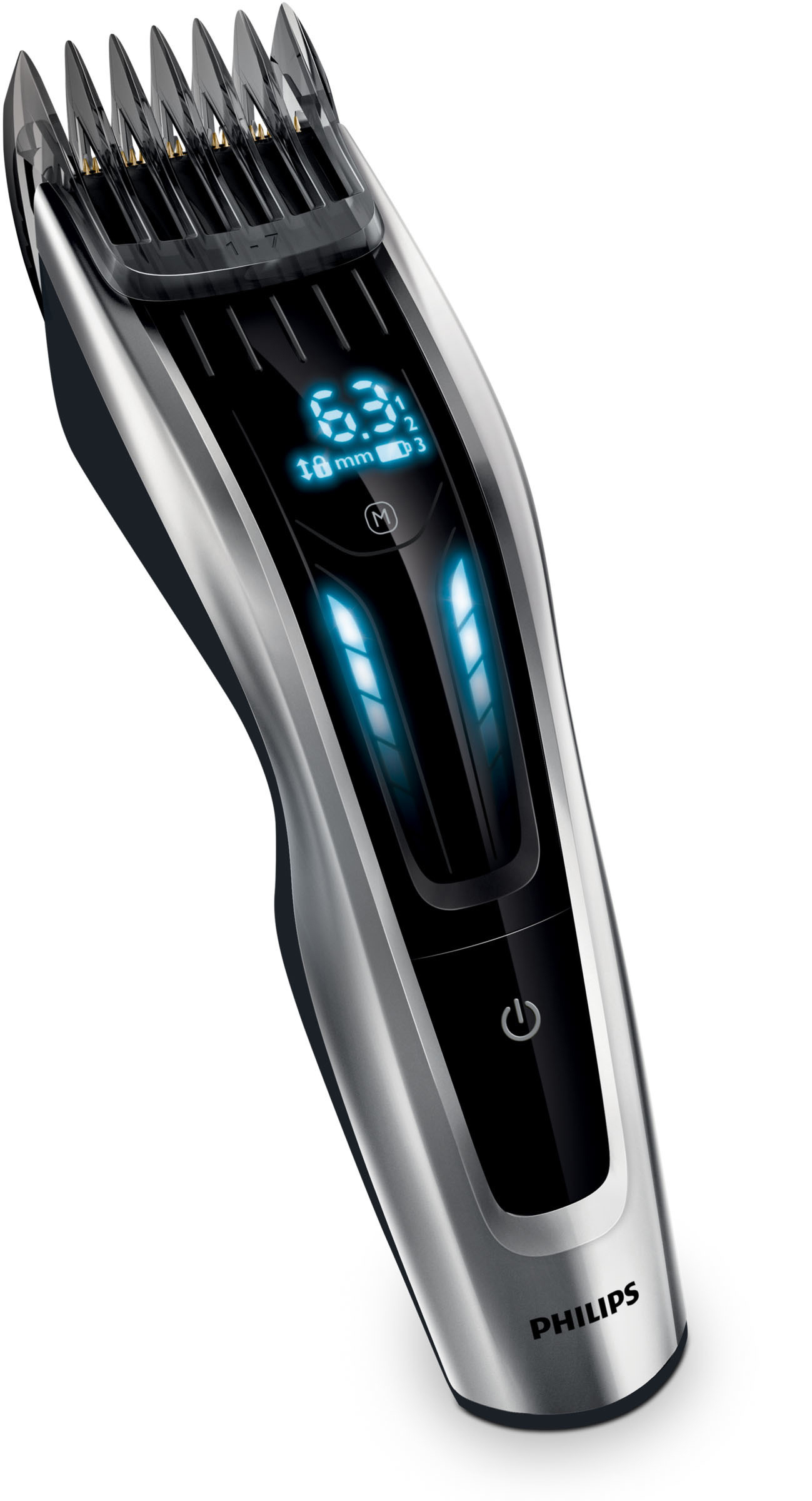 Silberner und schwarzer Philips Haarschneider mit Digitalanzeige. Zeigt Einstellungen und Leistung.