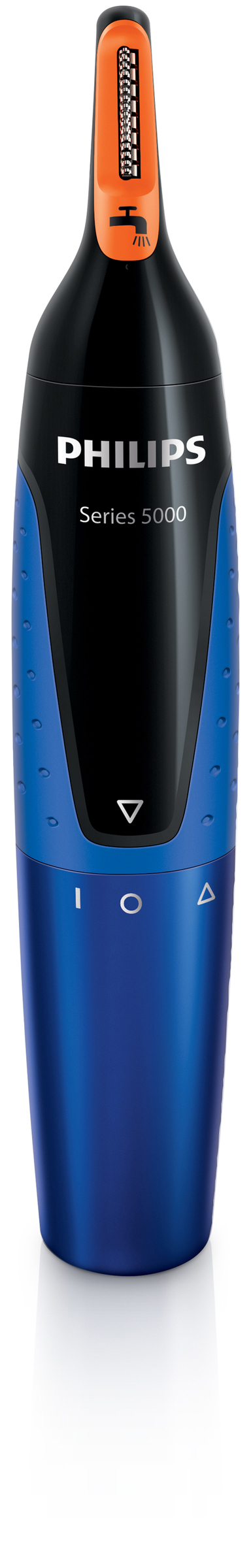Blau-schwarzer Philips Nasenhaartrimmer mit orangefarbenen Details, vor weißem Hintergrund.