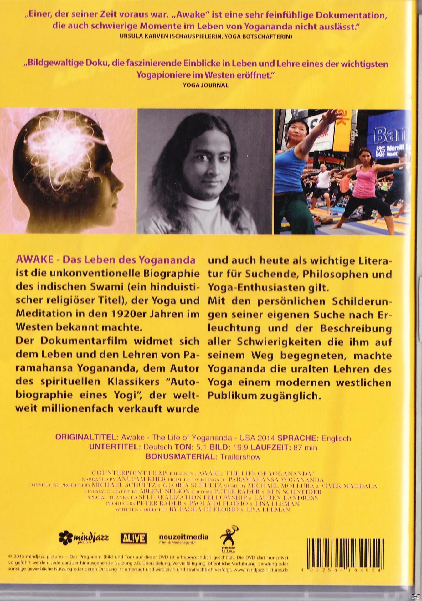 Awake Filmcover. Bilder eines meditierenden Mannes und Menschen in einem Yogakurs, Text über den Film.