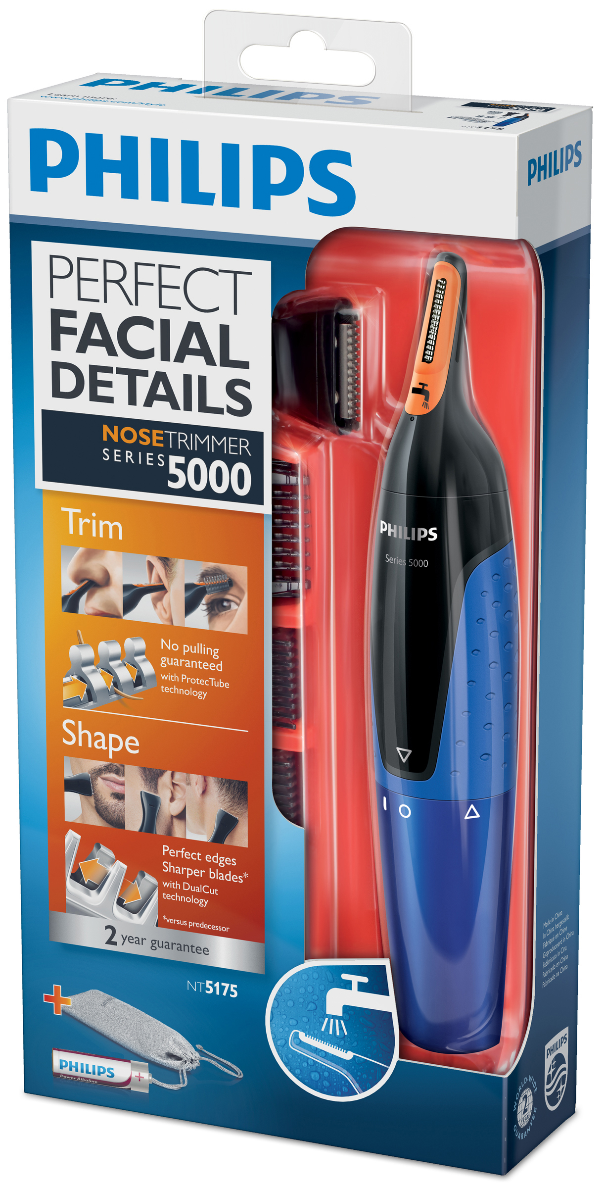 Philips Nasenhaartrimmer in Verpackung, Vorderansicht. Produktdetails und Funktionen sichtbar.