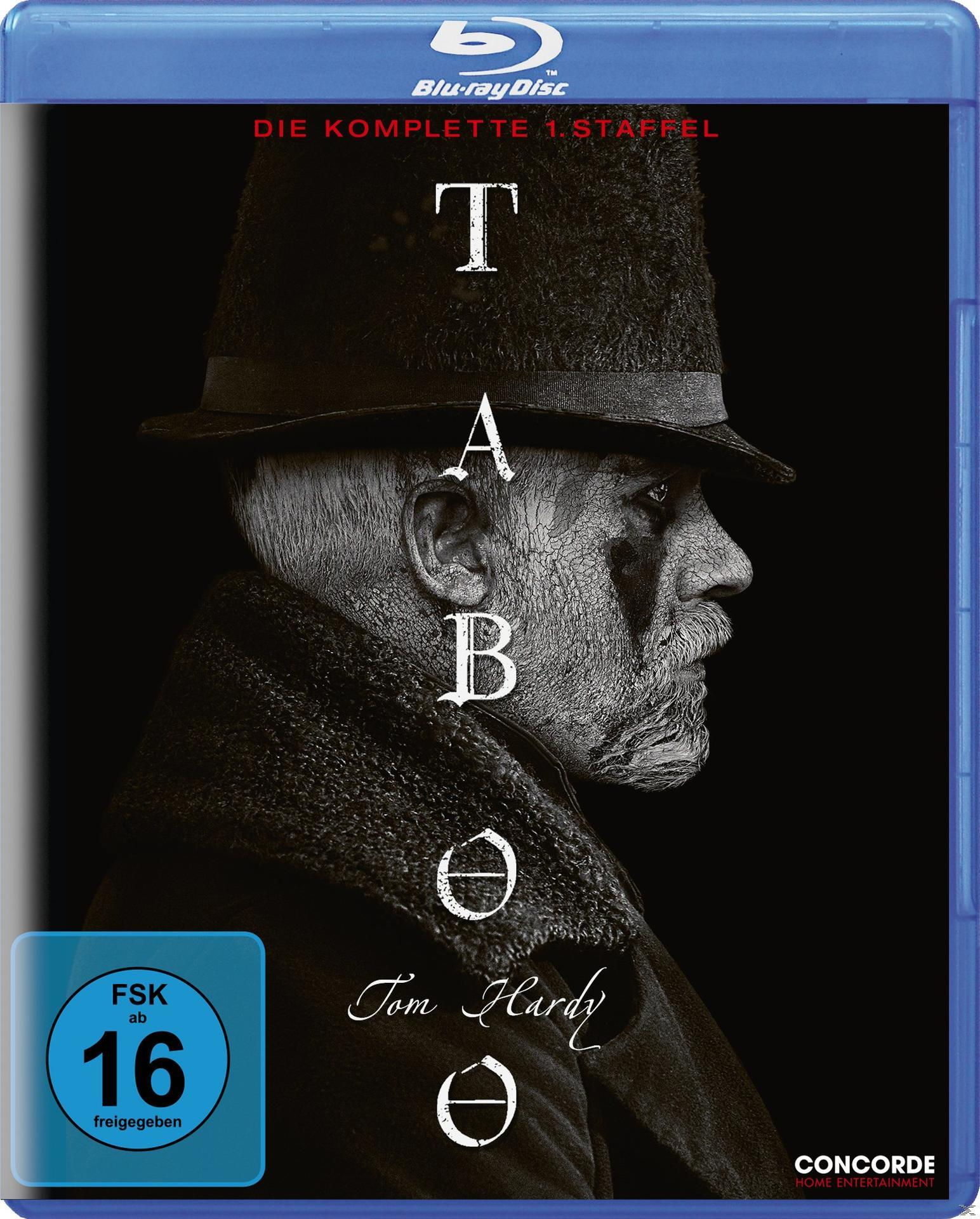 Eine blaue Blu-ray-Disc-Hülle für die Fernsehserie "Taboo". Mit Tom Hardy, in Schwarzweiß.