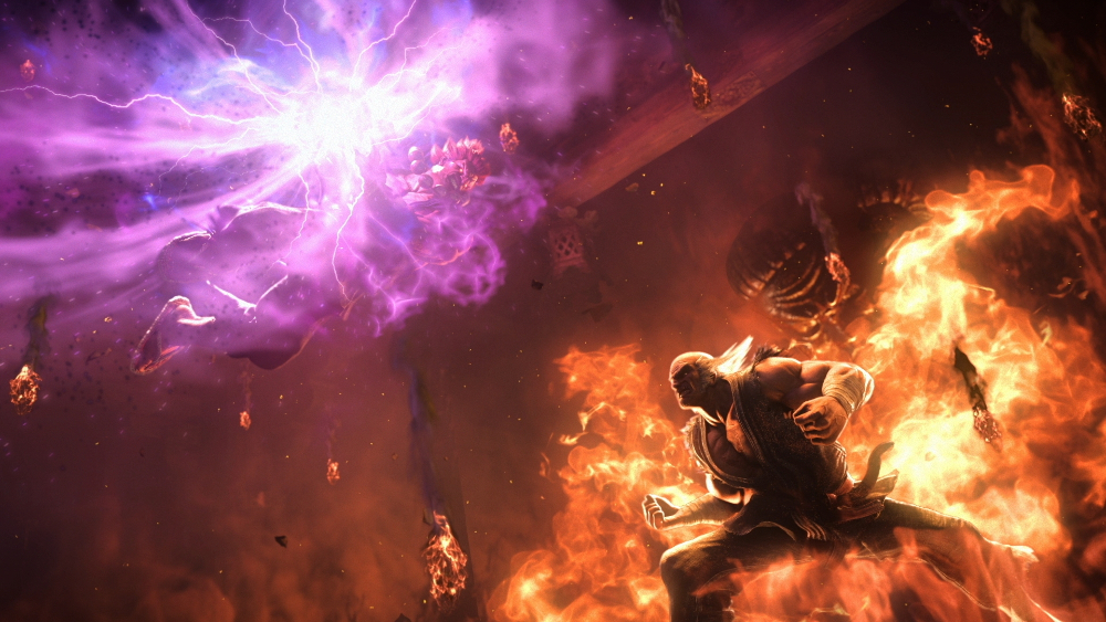 Œuvre d'art numérique montrant un homme musclé en flammes, avec une explosion d'énergie violette.