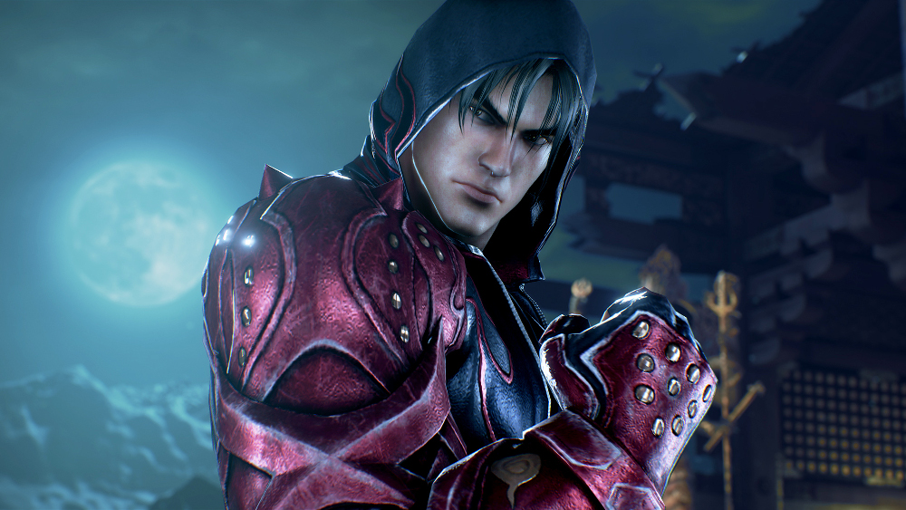 Homme avec capuche en armure rouge, regardant la caméra, fond Tekken.