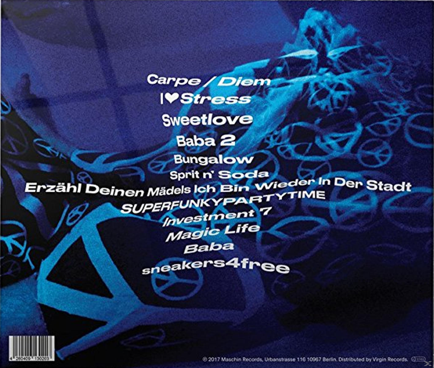 Albumcover mit Titelliste, blaue und weiße Farben, abstrakte Kunst.