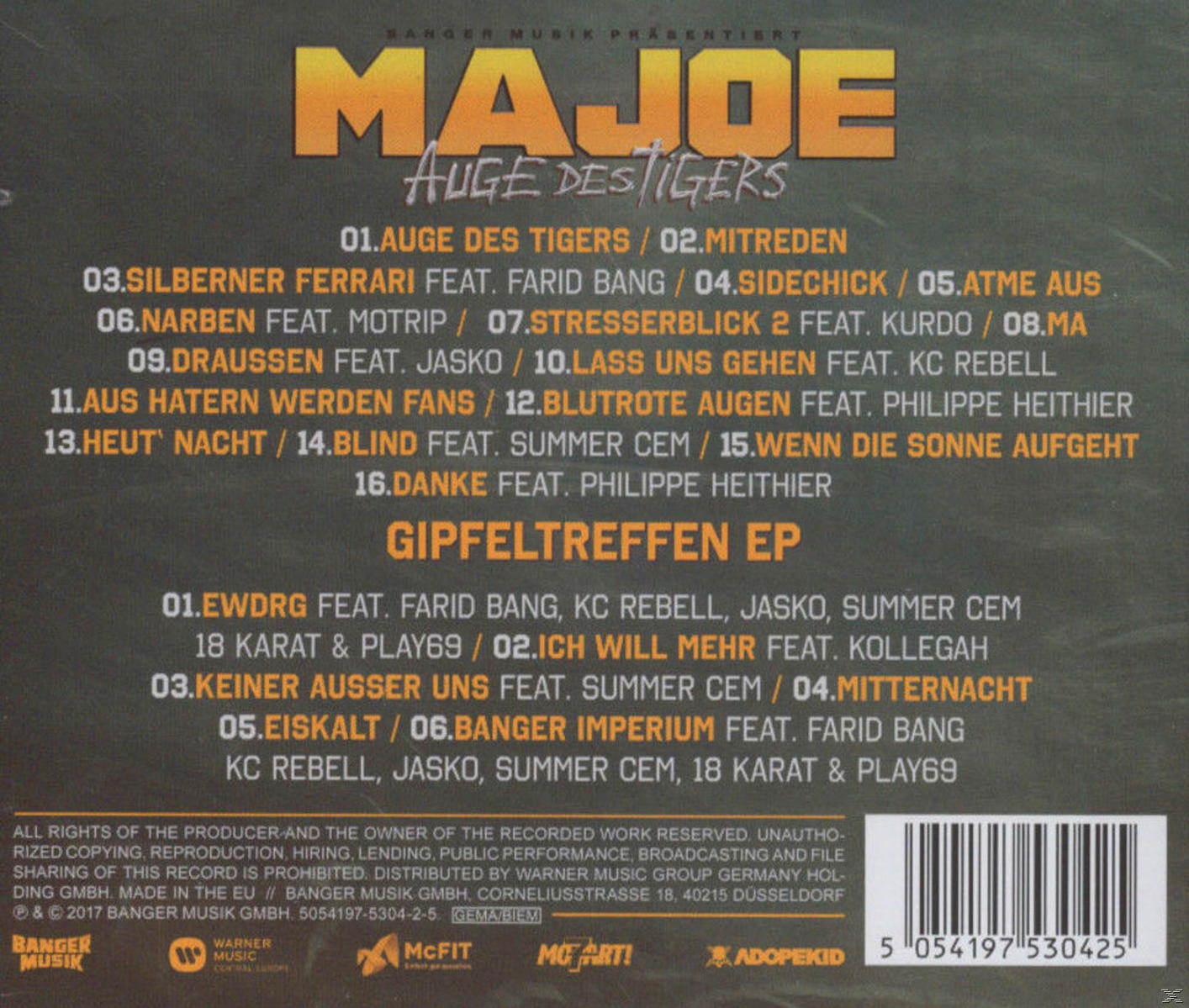 CD-Rückseite für 'MAJOE' mit Titelliste auf Deutsch. Künstler- und Albumtitel sichtbar.