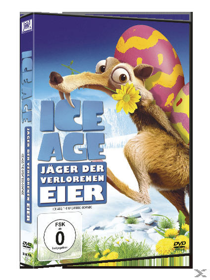 DVD-Cover für Ice Age mit einem Zeichentrick-Eichhörnchen, das eine Blume und ein Ei hält.