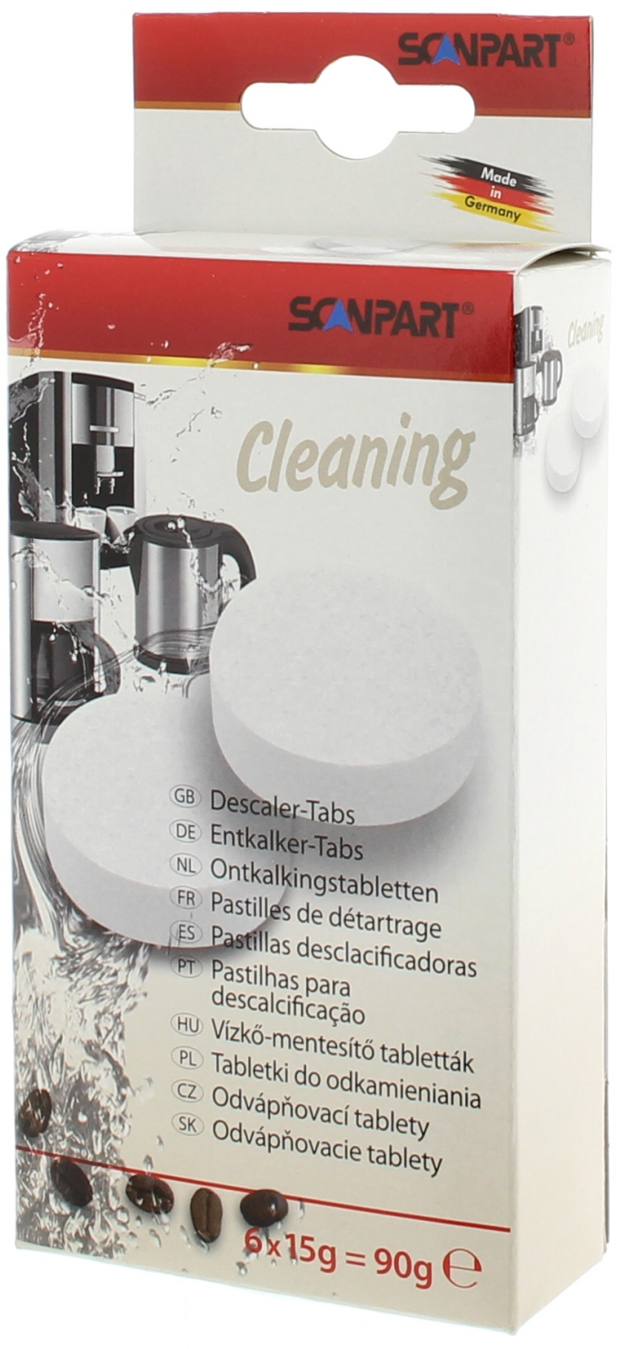 A box of cleaning tablets with various language labels, coffee beans.