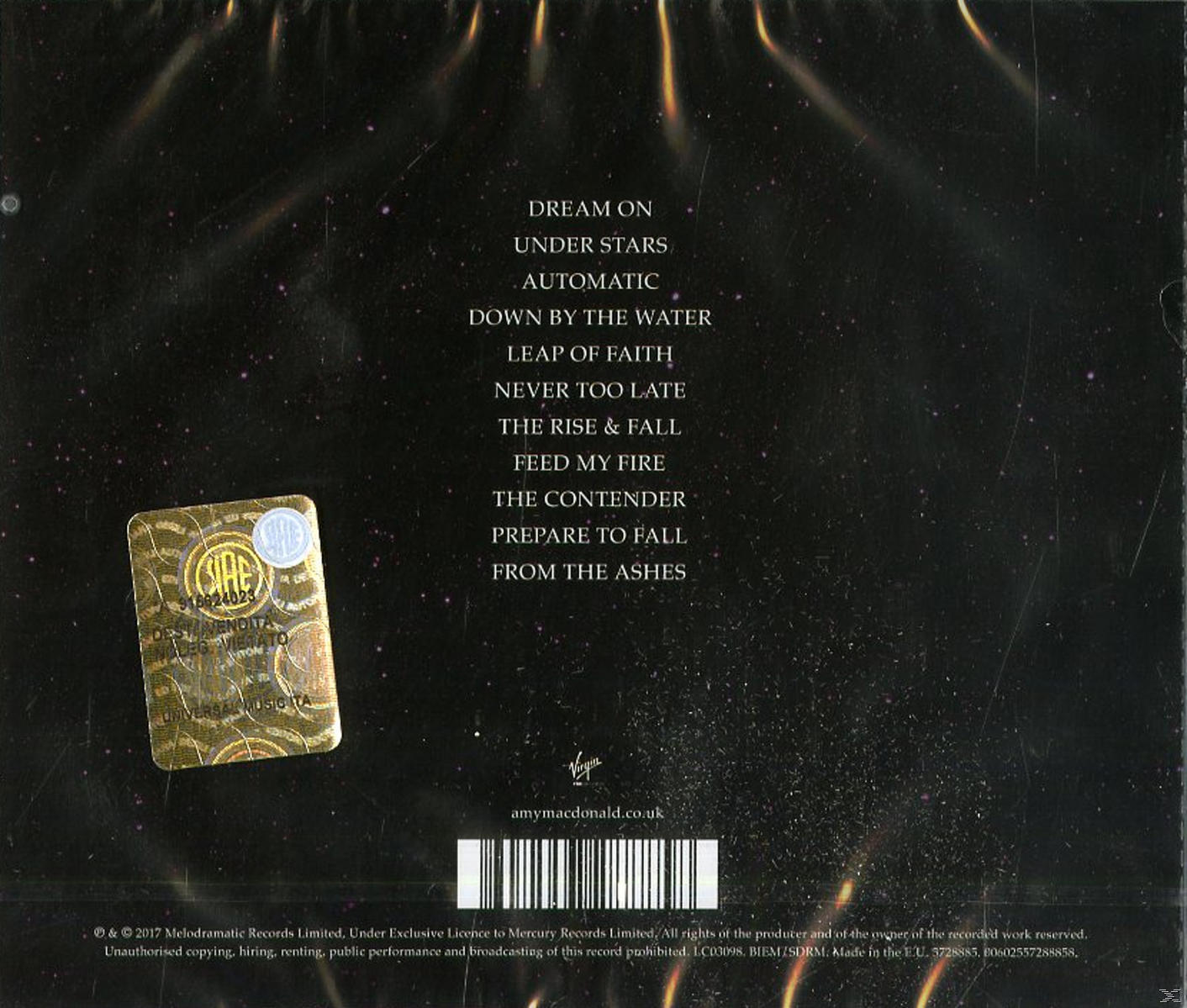 Rückseite einer CD mit Songtiteln, Logo und Barcode. Der Hintergrund ist ein sternenübersäter, dunkler Raum.