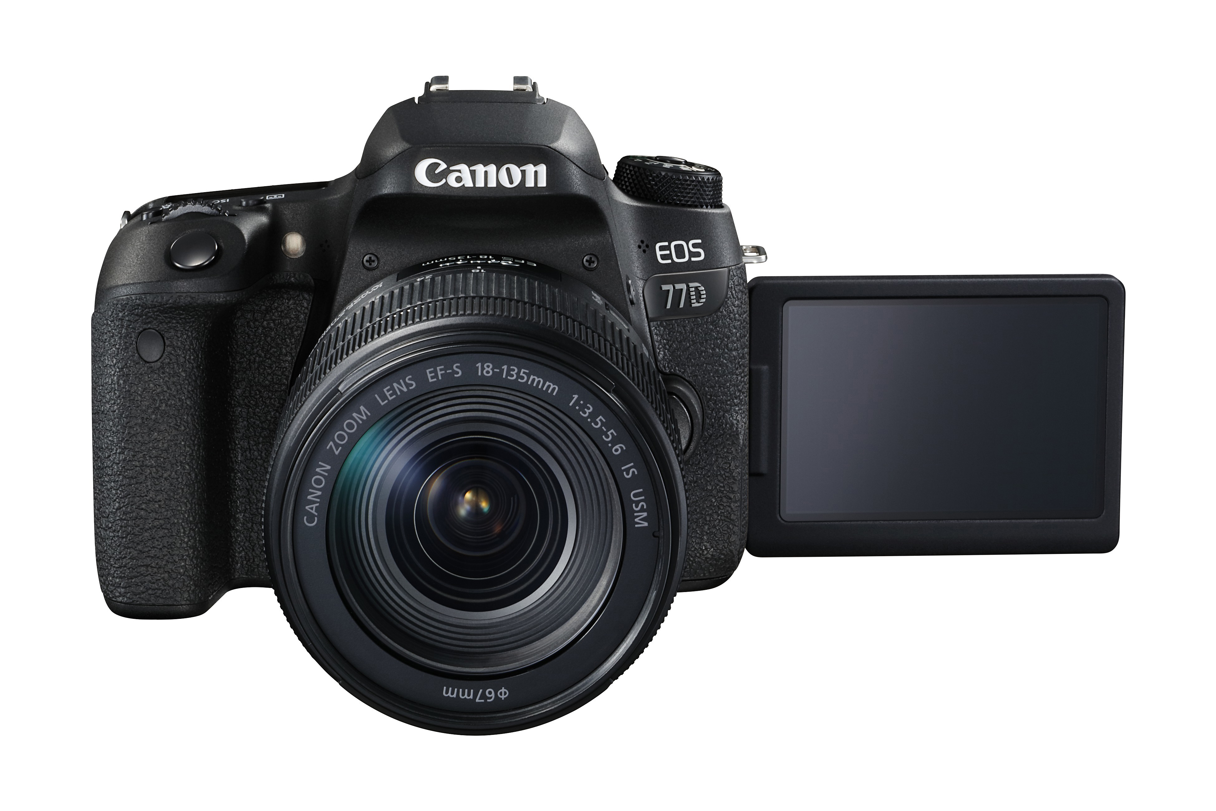 Canon EOS 77D Kamera. Schwarzes Gehäuse, Objektiv ausgefahren, Bildschirm geöffnet. Canon und EOS 77D gedruckt.