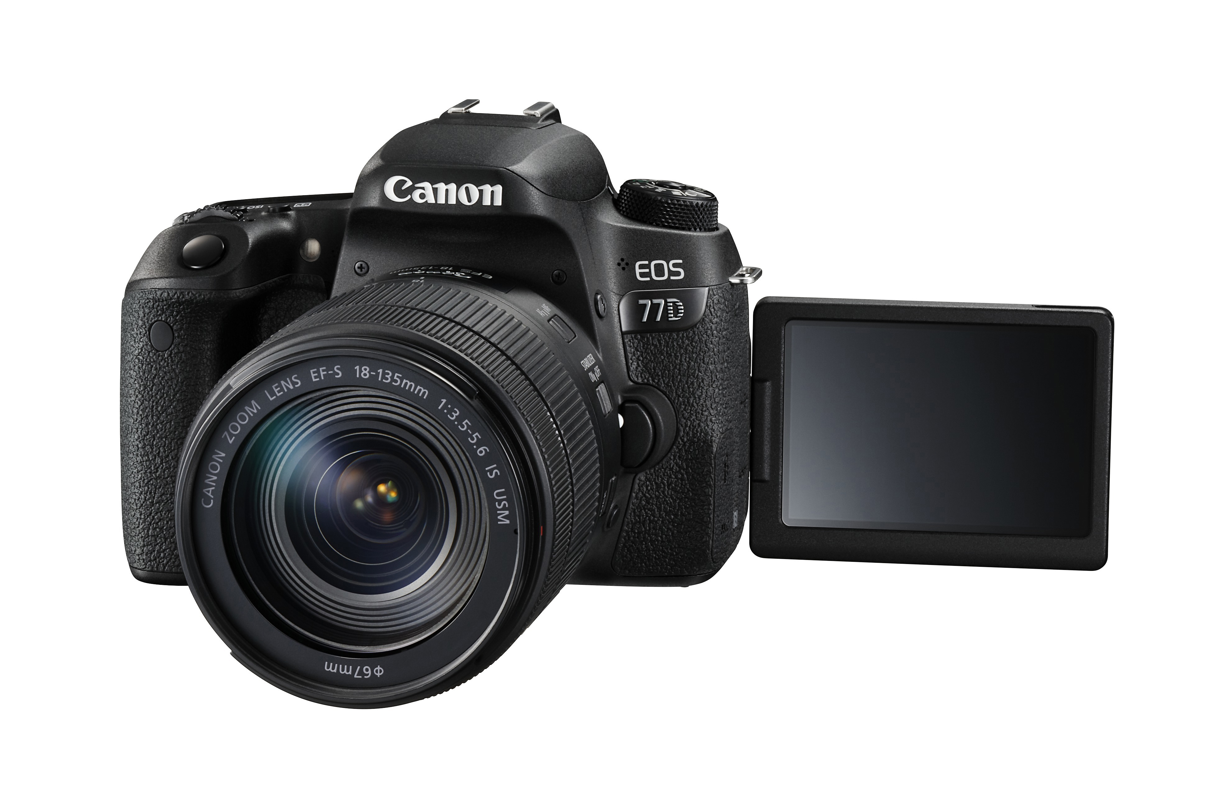 Schwarze Canon EOS 77D Kamera mit Objektiv und offenem Bildschirm. Weißer Hintergrund. Canon-Logo oben.