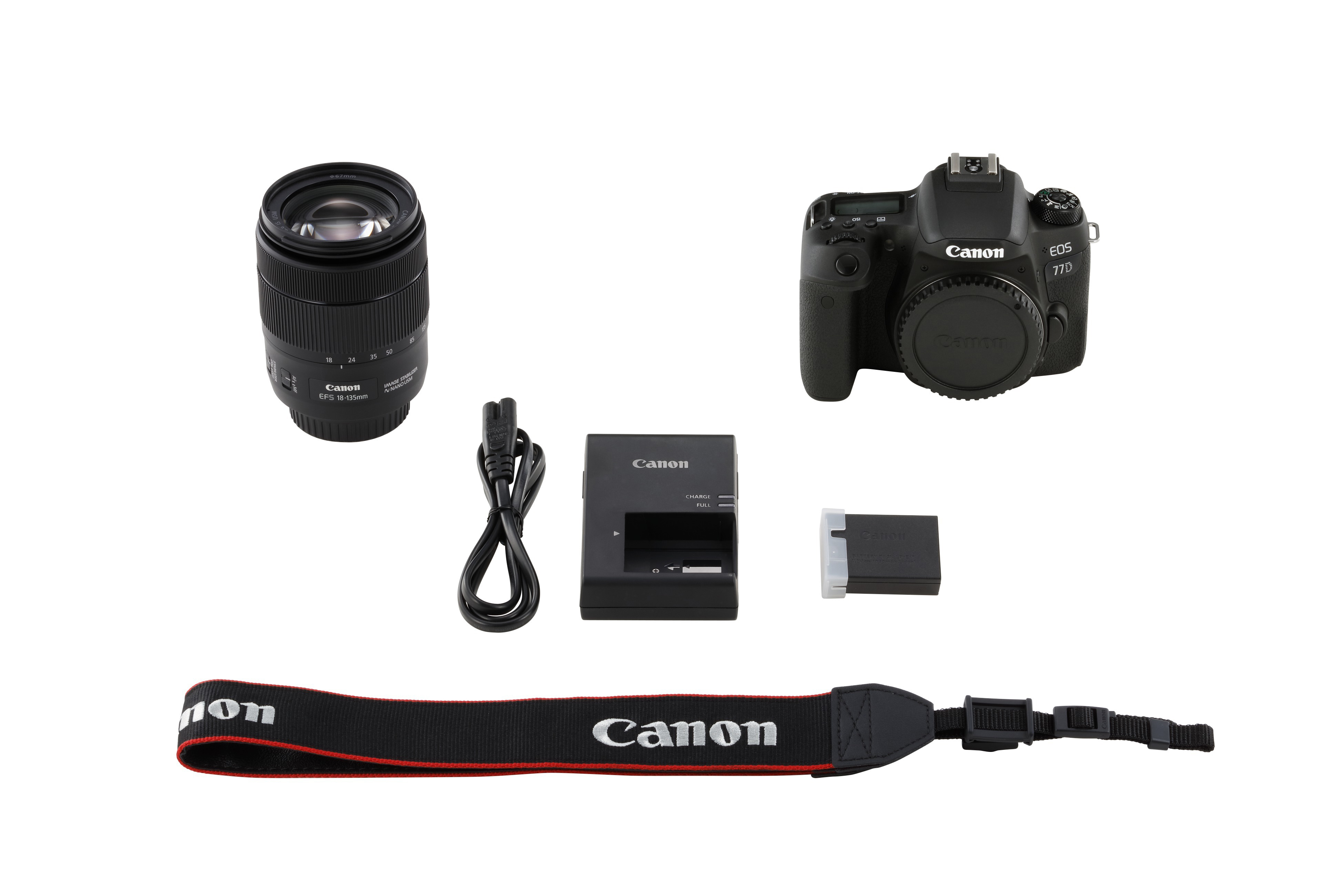 Ein Canon-Kamera-Kit mit Objektiv, Ladegerät, Akku, Gurt und Zubehör.